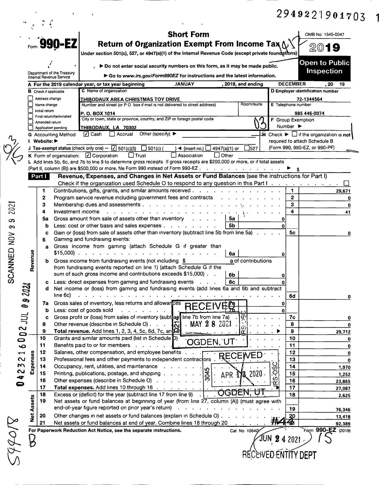 Image of first page of 2019 Form 990EZ for Thibodaux Area Christmas Toy Drive