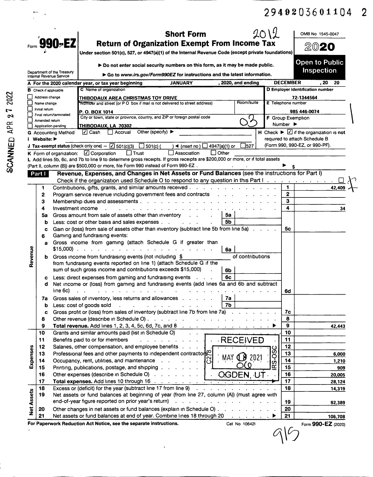 Image of first page of 2020 Form 990EZ for Thibodaux Area Christmas Toy Drive