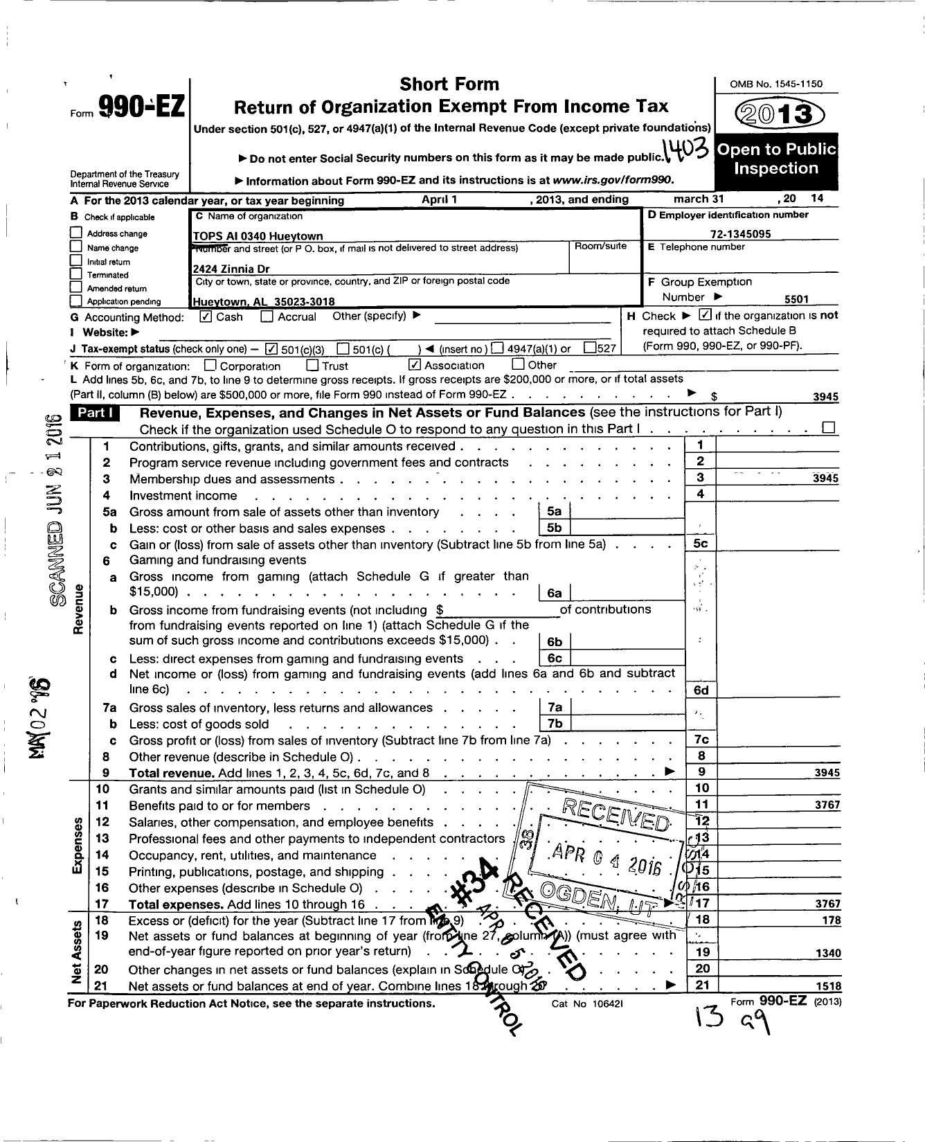 Image of first page of 2013 Form 990EZ for Tops Club - 0340 Tops Al Hueytown