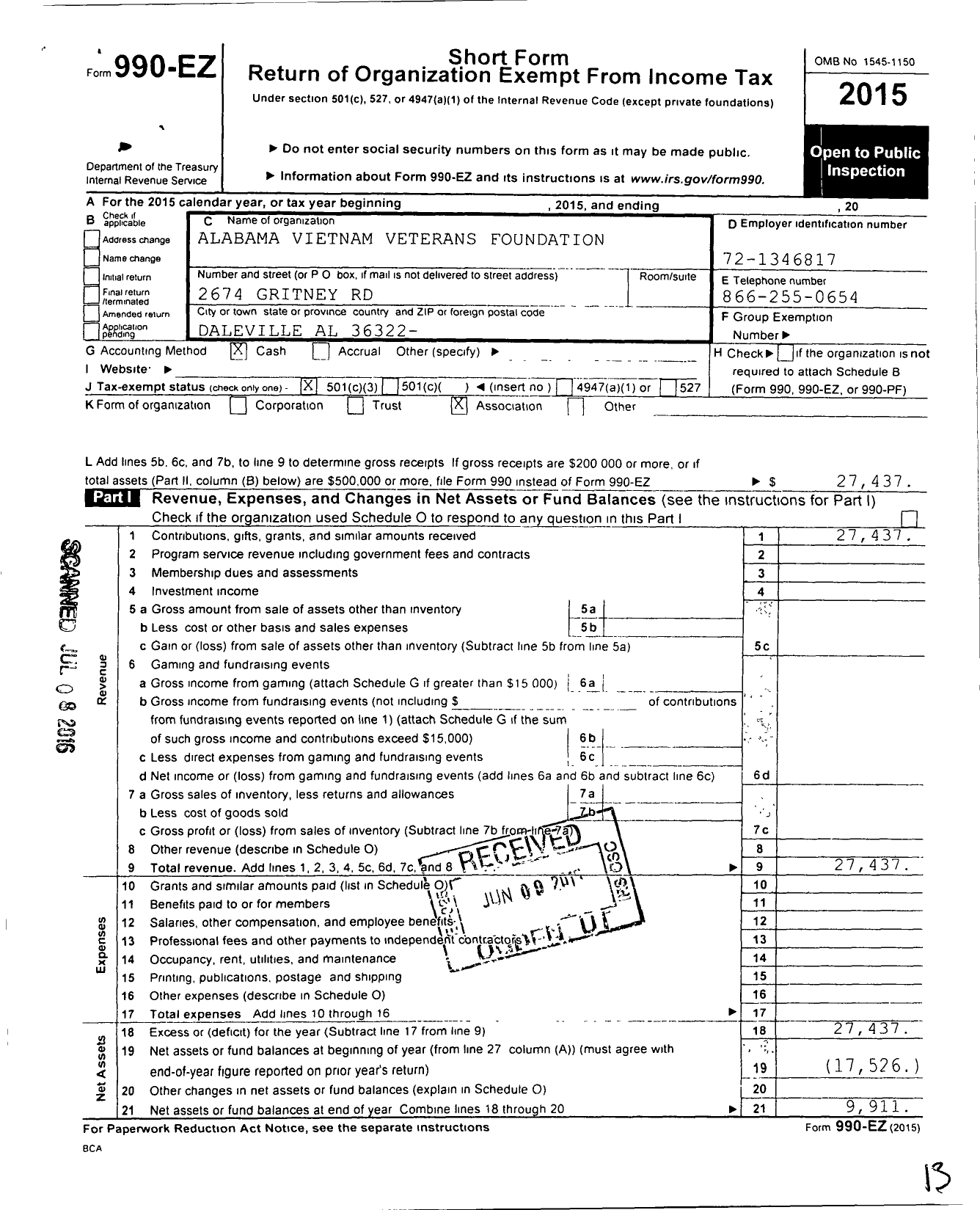 Image of first page of 2015 Form 990EZ for Alabama Vietnam Veterans Foundation