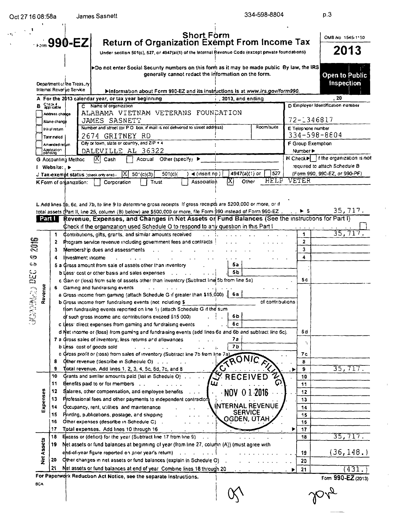 Image of first page of 2013 Form 990EZ for Alabama Vietnam Veterans Foundation