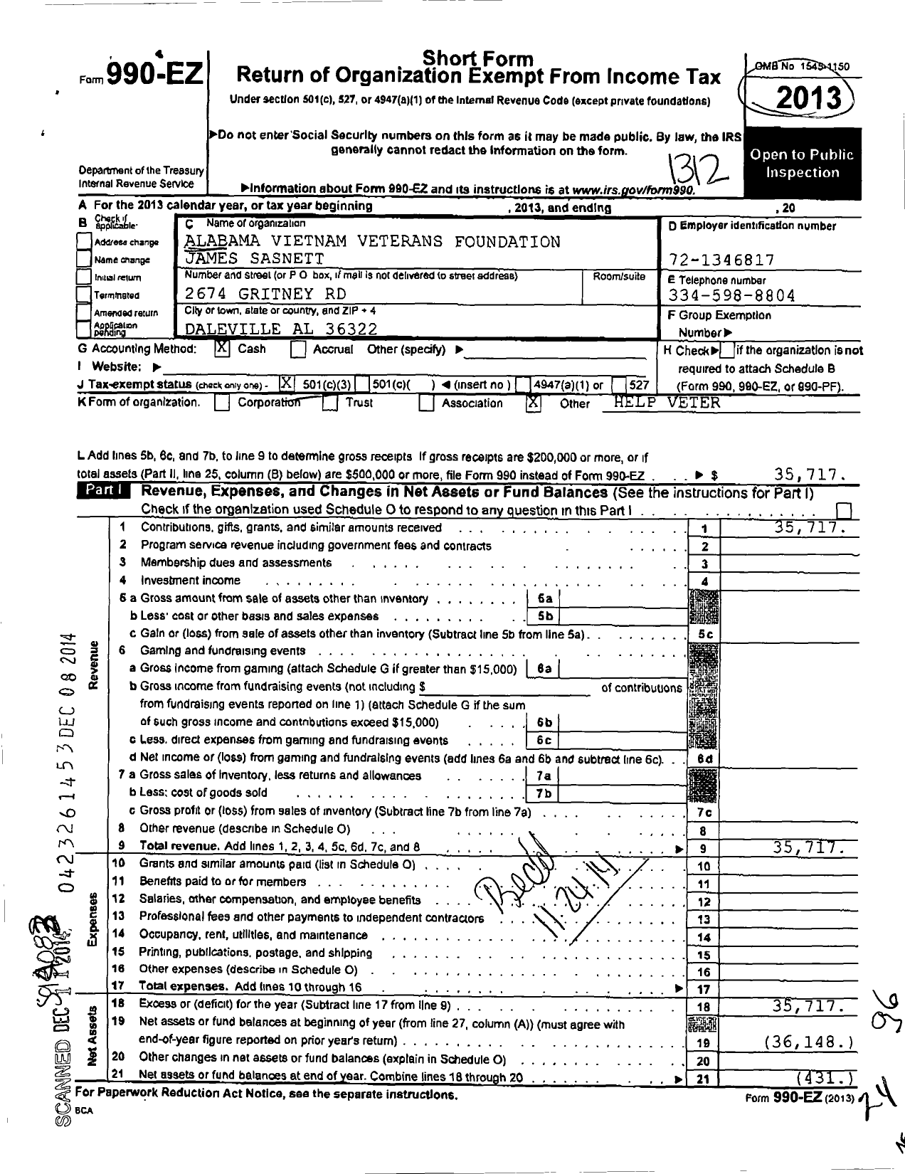 Image of first page of 2013 Form 990EZ for Alabama Vietnam Veterans Foundation