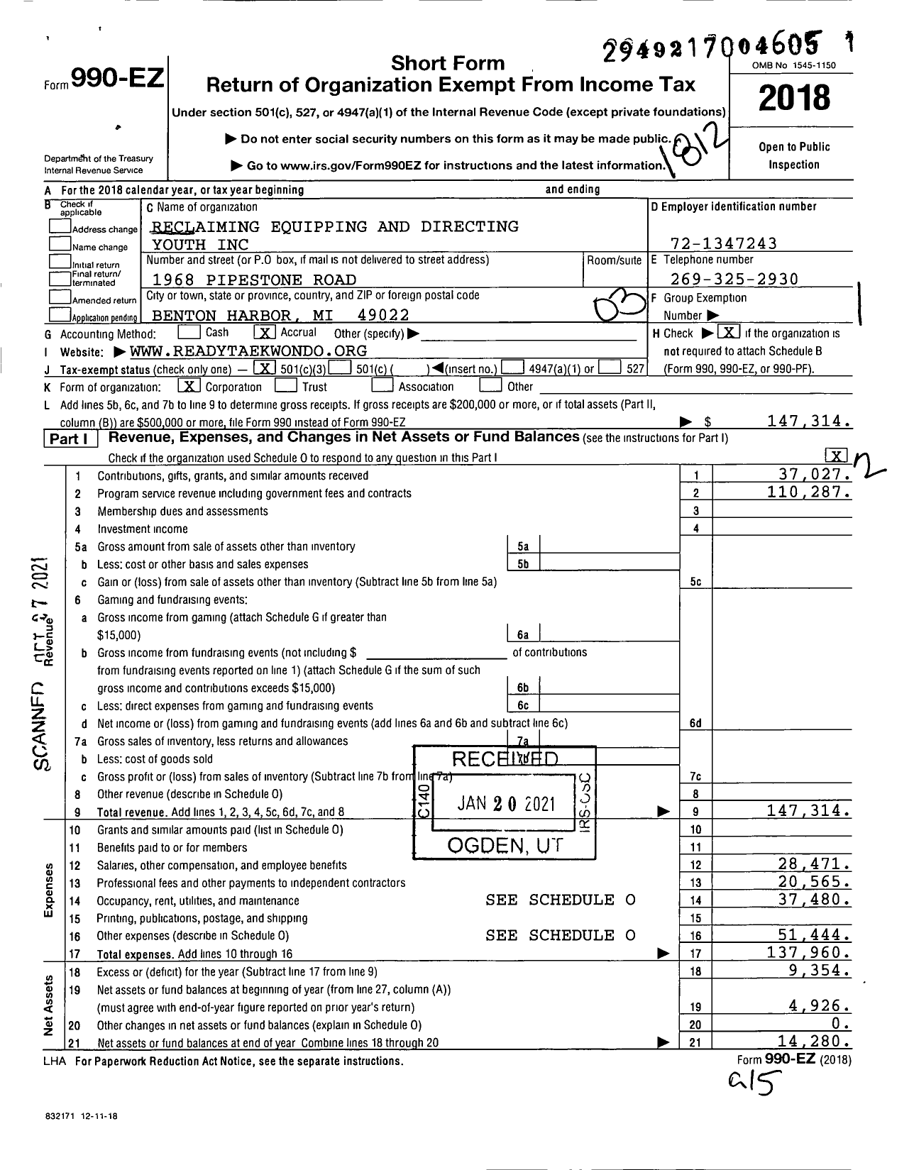 Image of first page of 2018 Form 990EZ for Reclaiming Equipping and Directing Youth