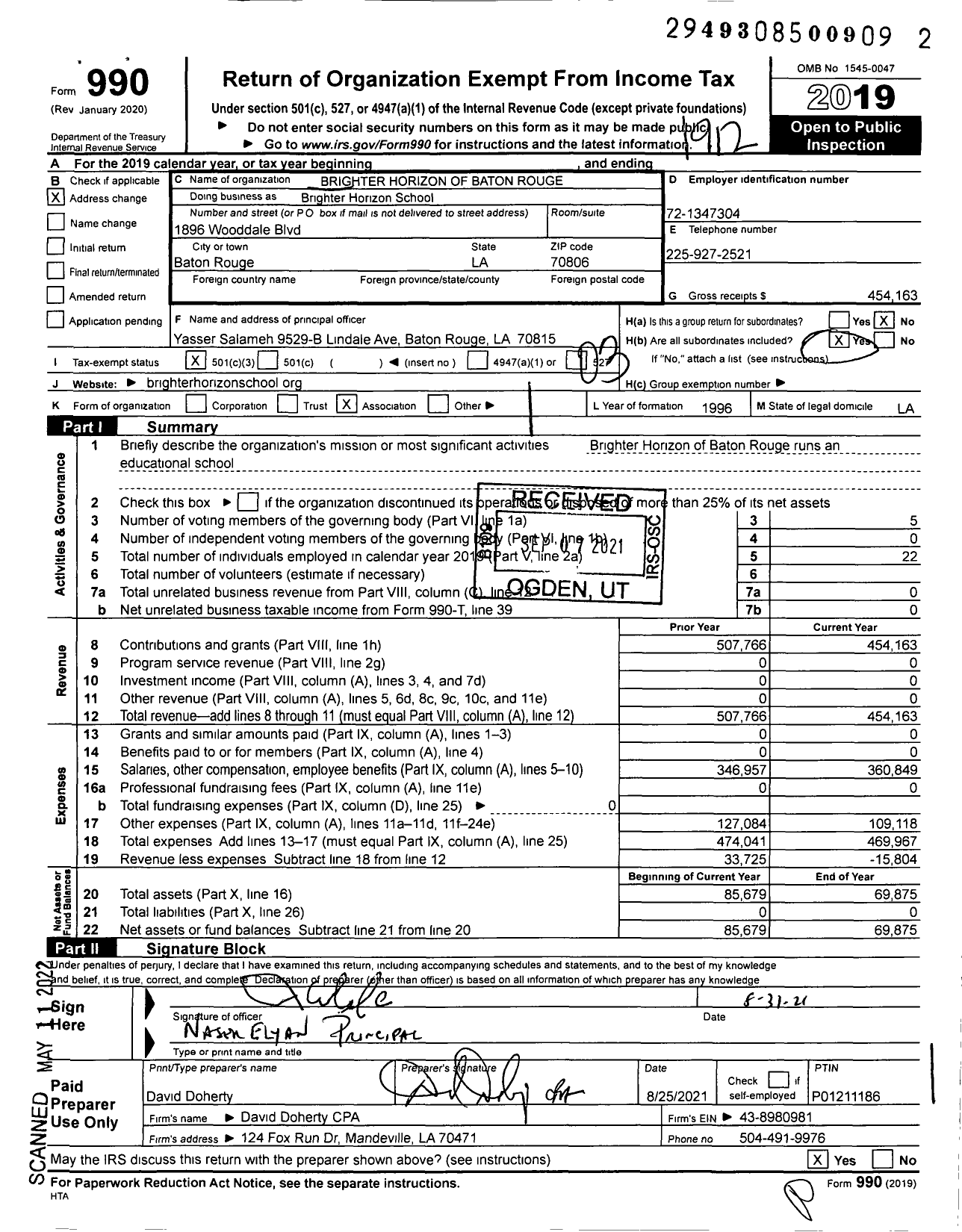 Image of first page of 2019 Form 990 for Brighter Horizon School