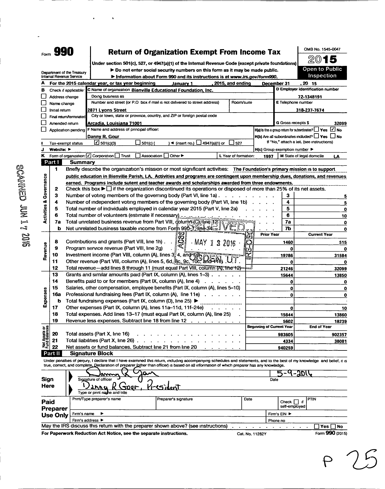 Image of first page of 2015 Form 990 for Bienville Parish Educational Fund