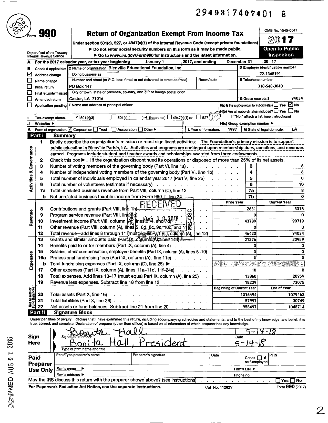 Image of first page of 2017 Form 990 for Bienville Parish Educational Fund