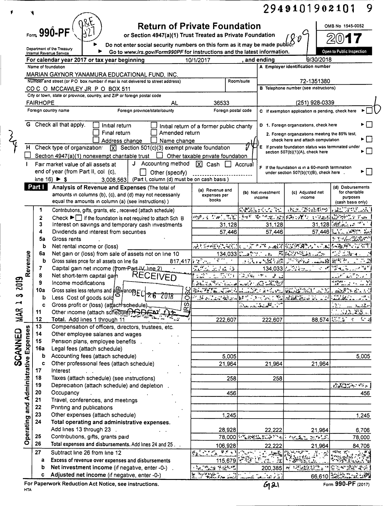 Image of first page of 2017 Form 990PF for Marian Gaynor Yanamura Educational Fund