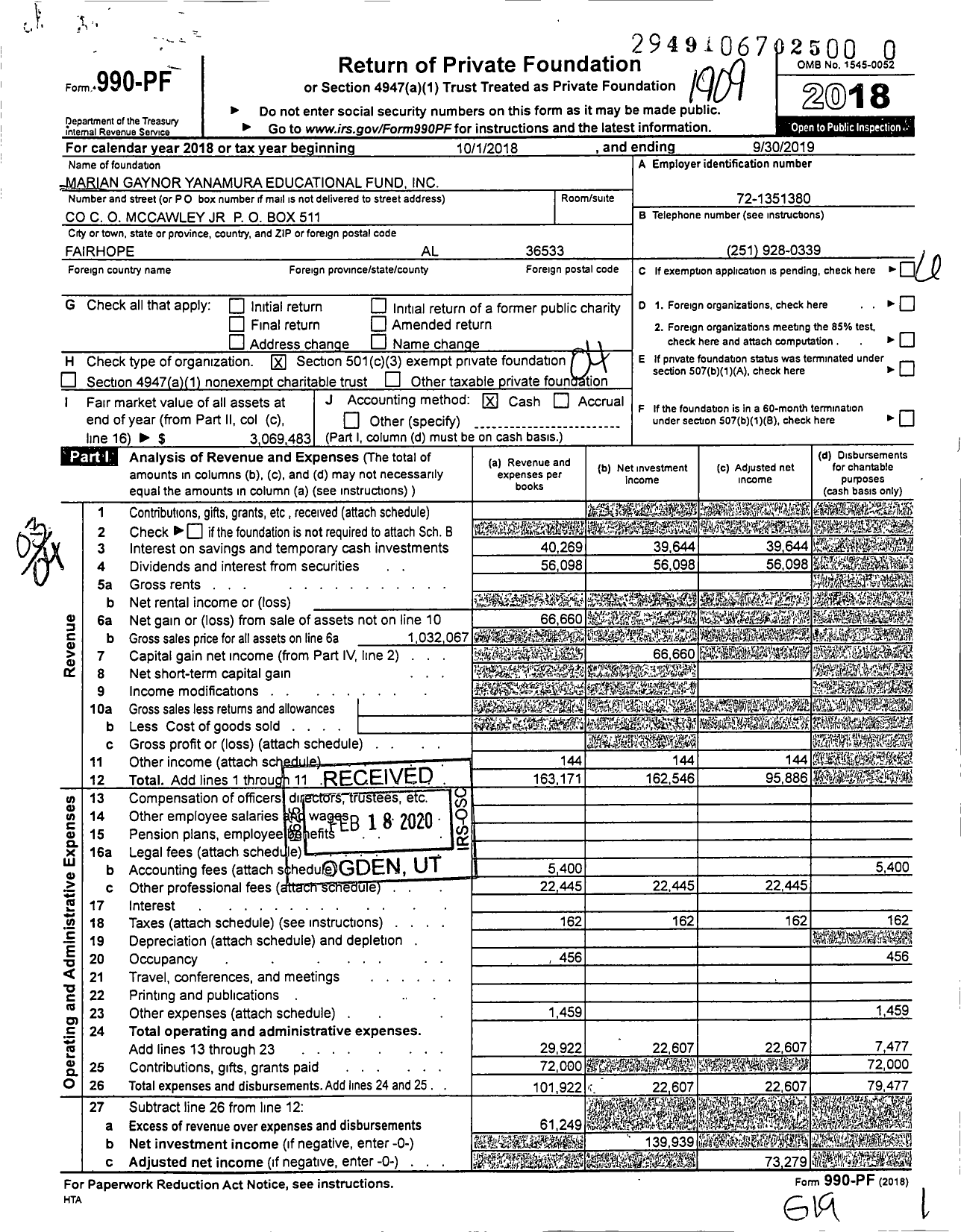 Image of first page of 2018 Form 990PR for Marian Gaynor Yanamura Educational Fund