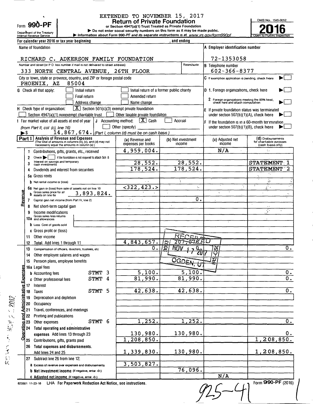 Image of first page of 2016 Form 990PF for Richard C Adkerson Family Foundation