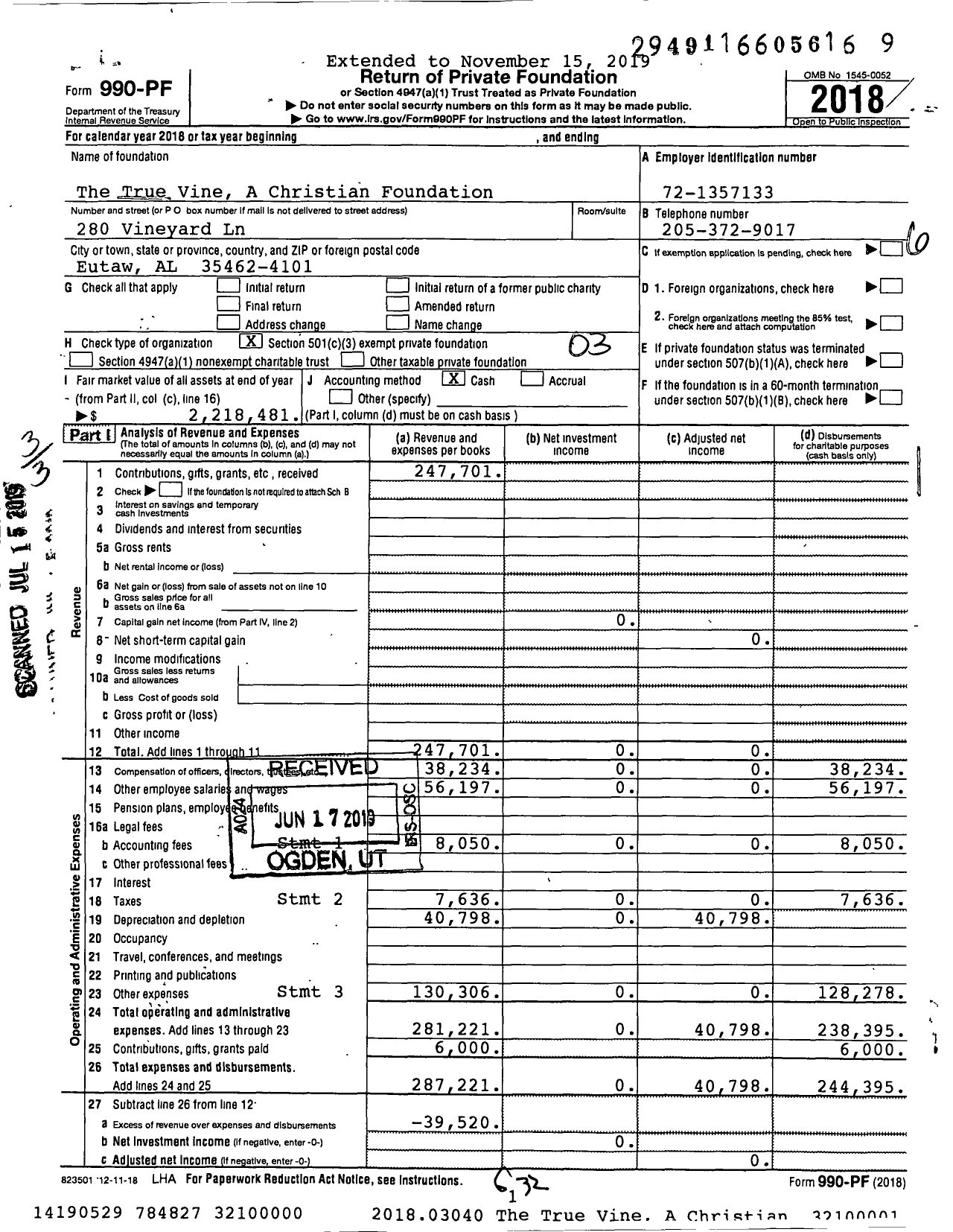 Image of first page of 2018 Form 990PF for The True Vine A Christian Foundation