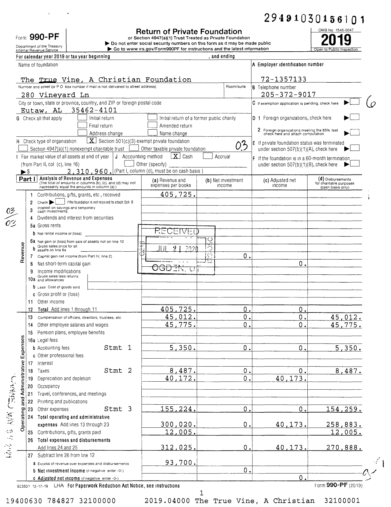 Image of first page of 2019 Form 990PF for The True Vine A Christian Foundation