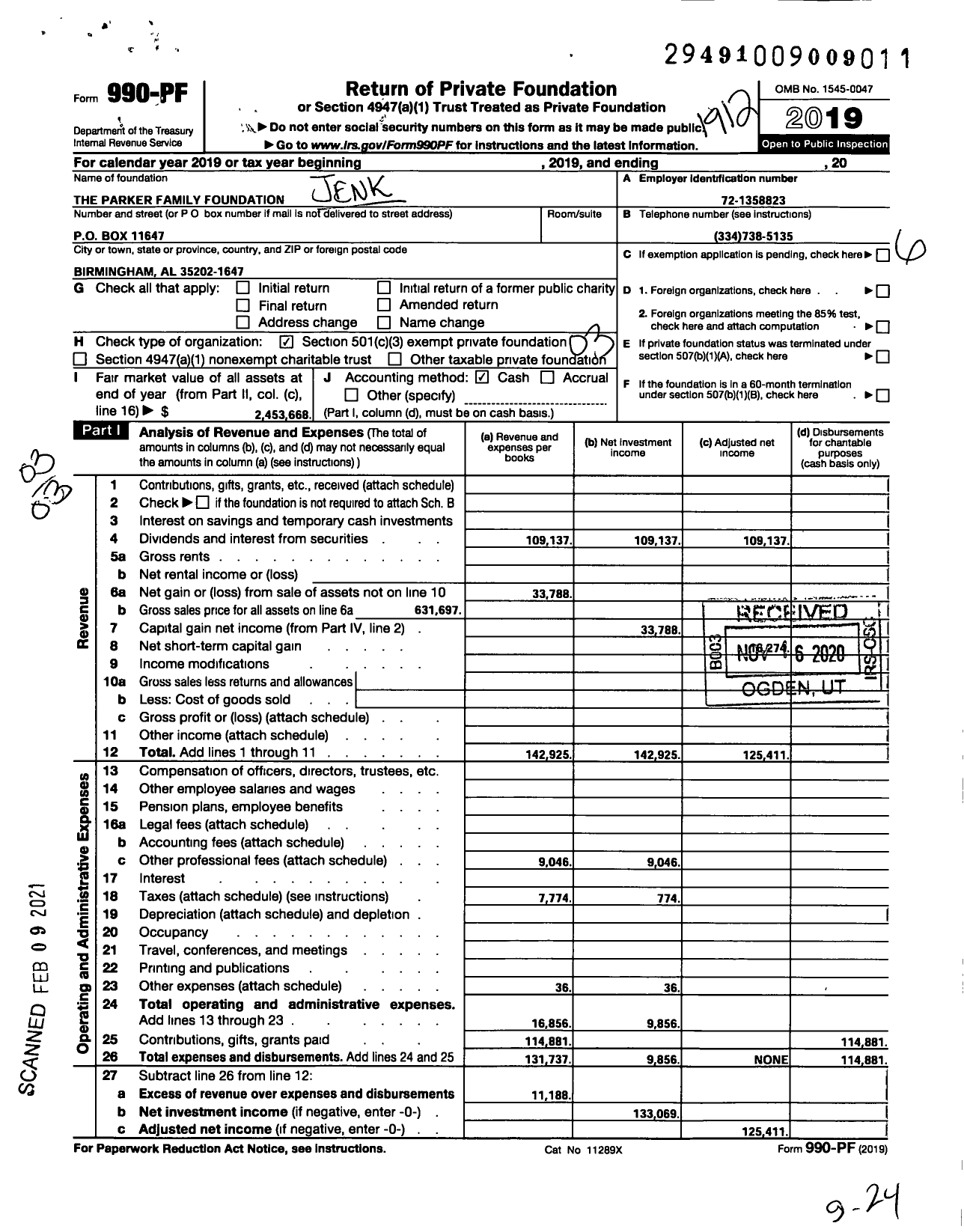 Image of first page of 2019 Form 990PF for Jenks C and Alice Parker Family Foundation