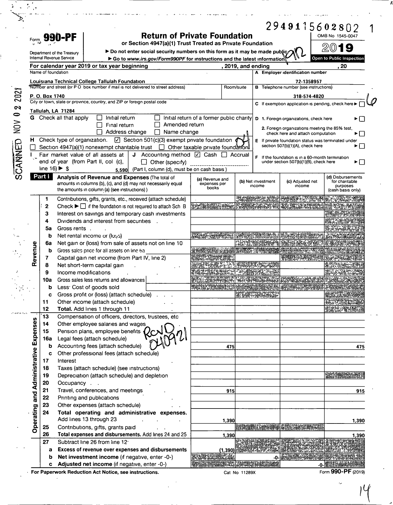 Image of first page of 2019 Form 990PF for Louisiana Technical College Tallulah Foundation