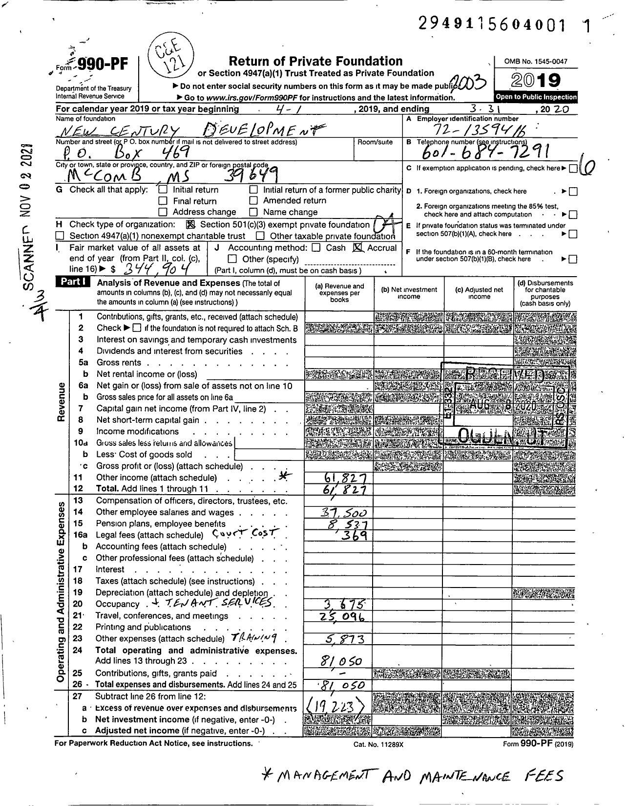 Image of first page of 2019 Form 990PF for New Century Development
