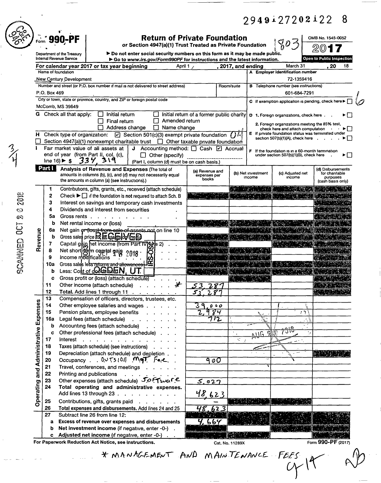 Image of first page of 2017 Form 990PF for New Century Development