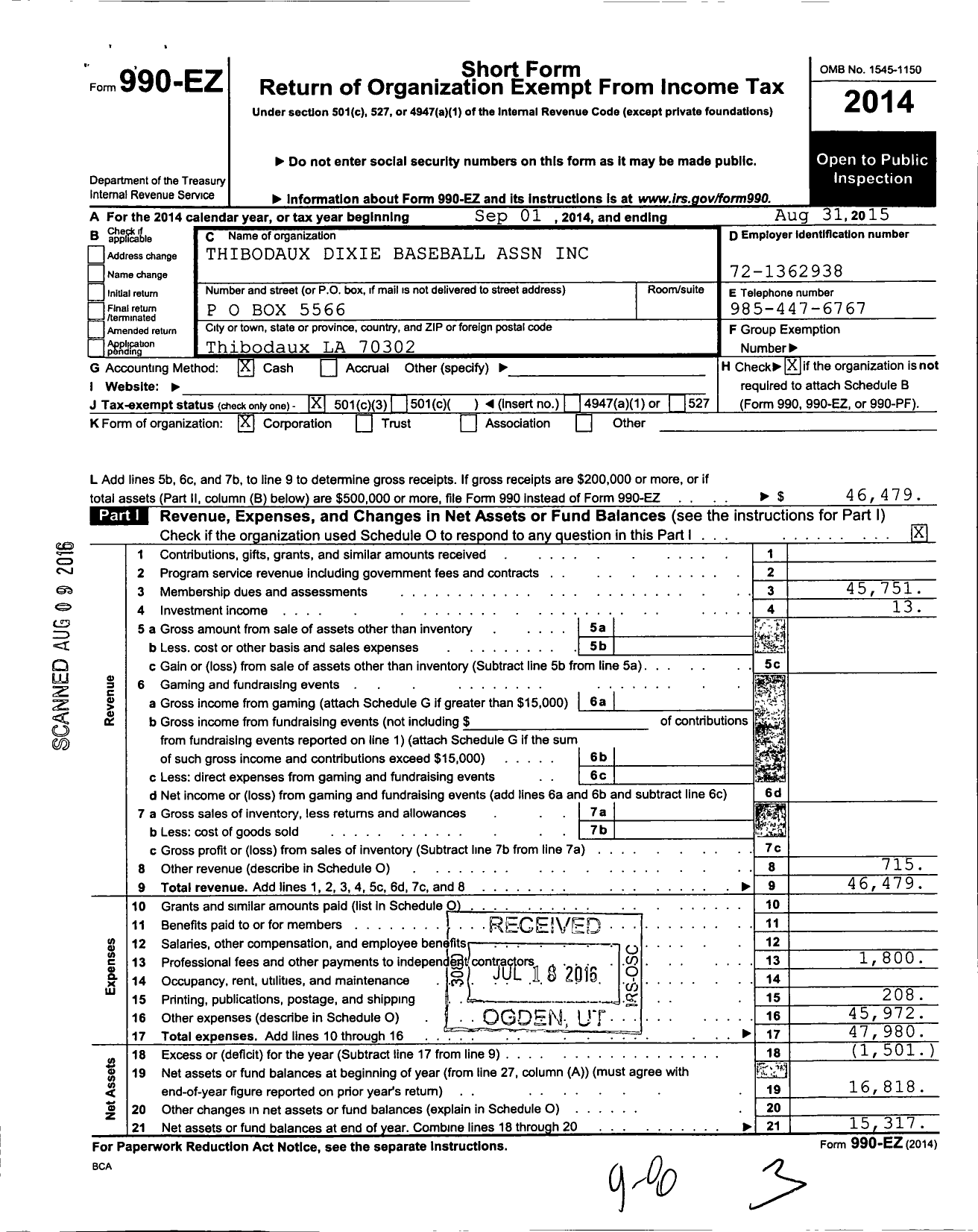 Image of first page of 2014 Form 990EZ for Thibodaux Dixie Baseball Association