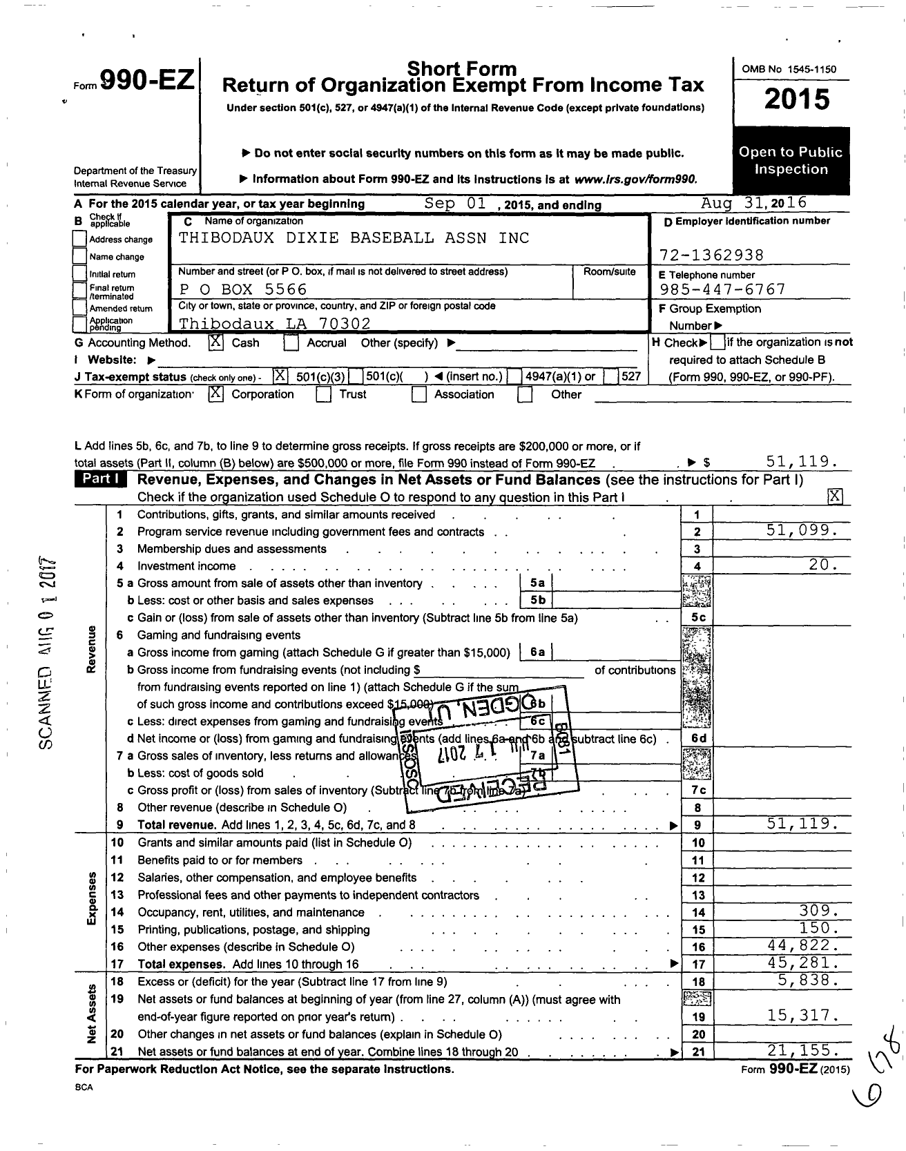 Image of first page of 2015 Form 990EZ for Thibodaux Dixie Baseball Association