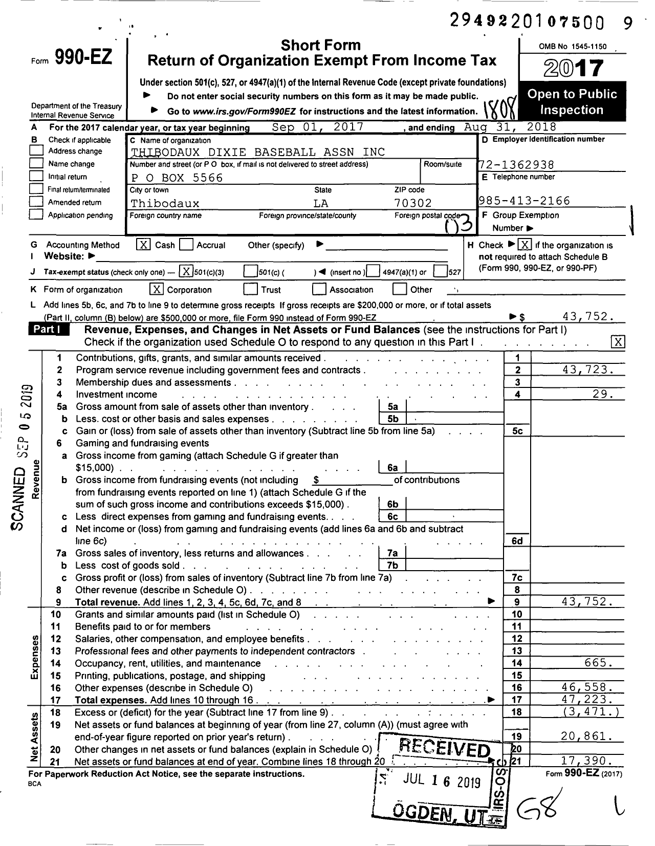 Image of first page of 2017 Form 990EZ for Thibodaux Dixie Baseball Association