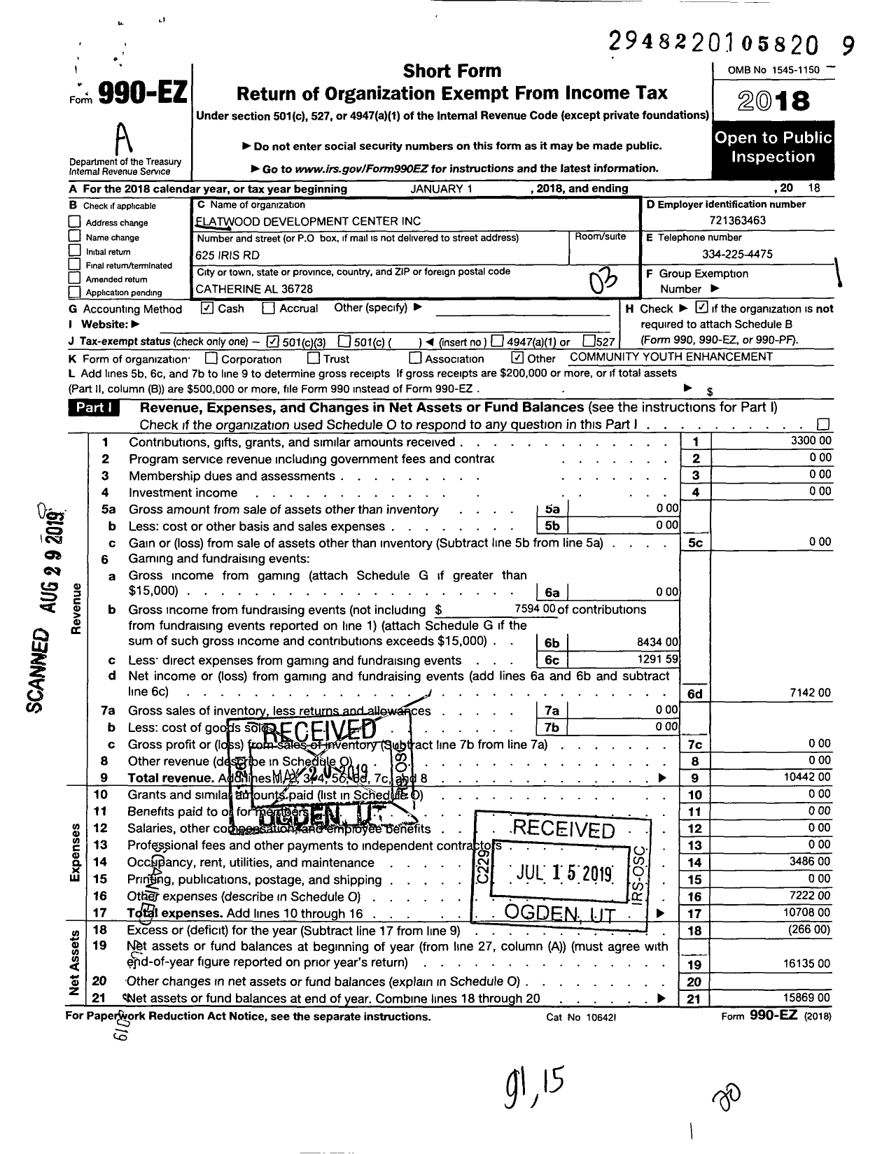 Image of first page of 2018 Form 990EZ for Flatwood Development Center