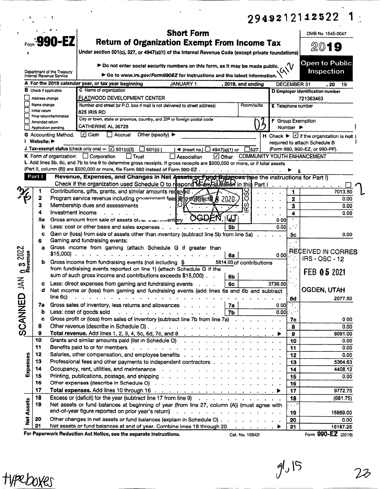 Image of first page of 2019 Form 990EZ for Flatwood Development Center