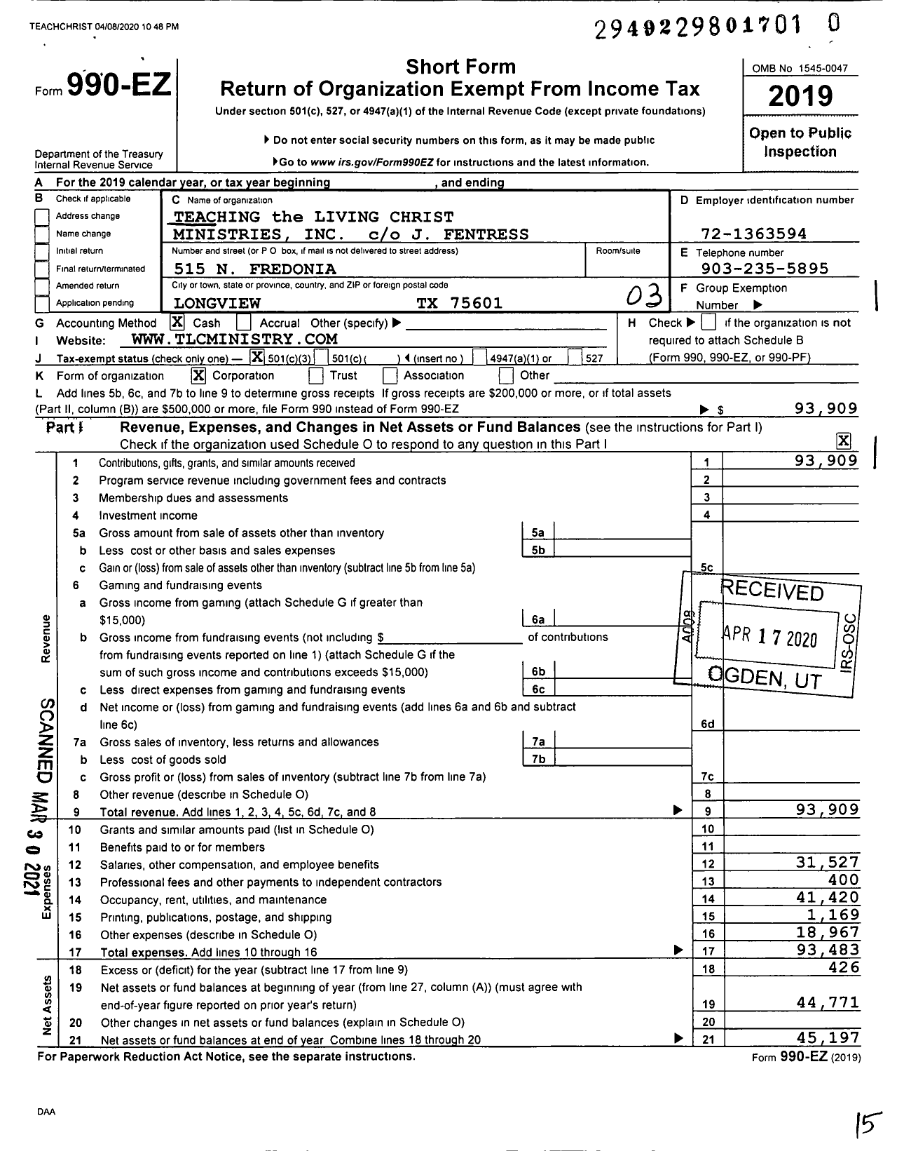 Image of first page of 2019 Form 990EZ for Teaching the Living Christ Ministries