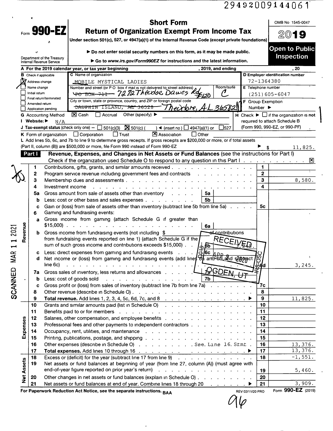 Image of first page of 2019 Form 990EO for Mobile Mystical Ladies