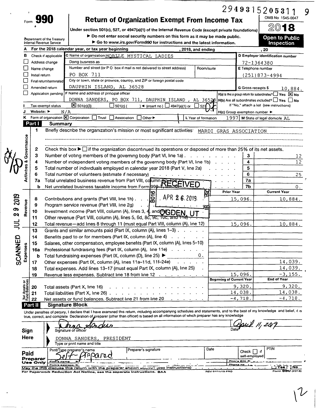 Image of first page of 2018 Form 990O for Mobile Mystical Ladies