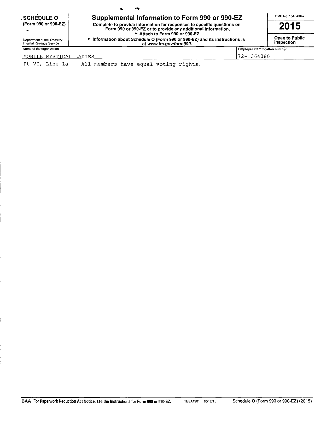 Image of first page of 2015 Form 990R for Mobile Mystical Ladies