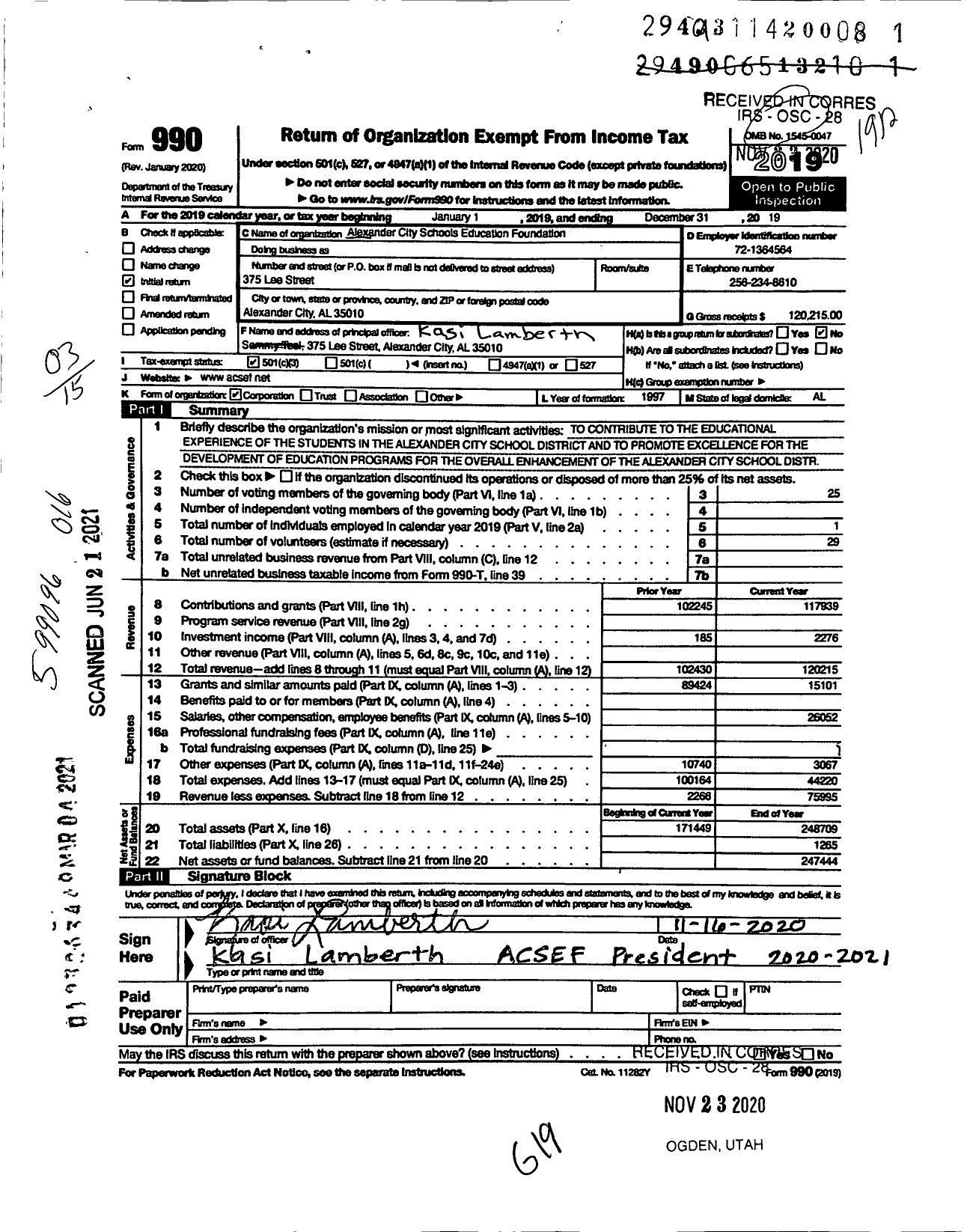 Image of first page of 2019 Form 990 for Alexander City Schools Education Foundation