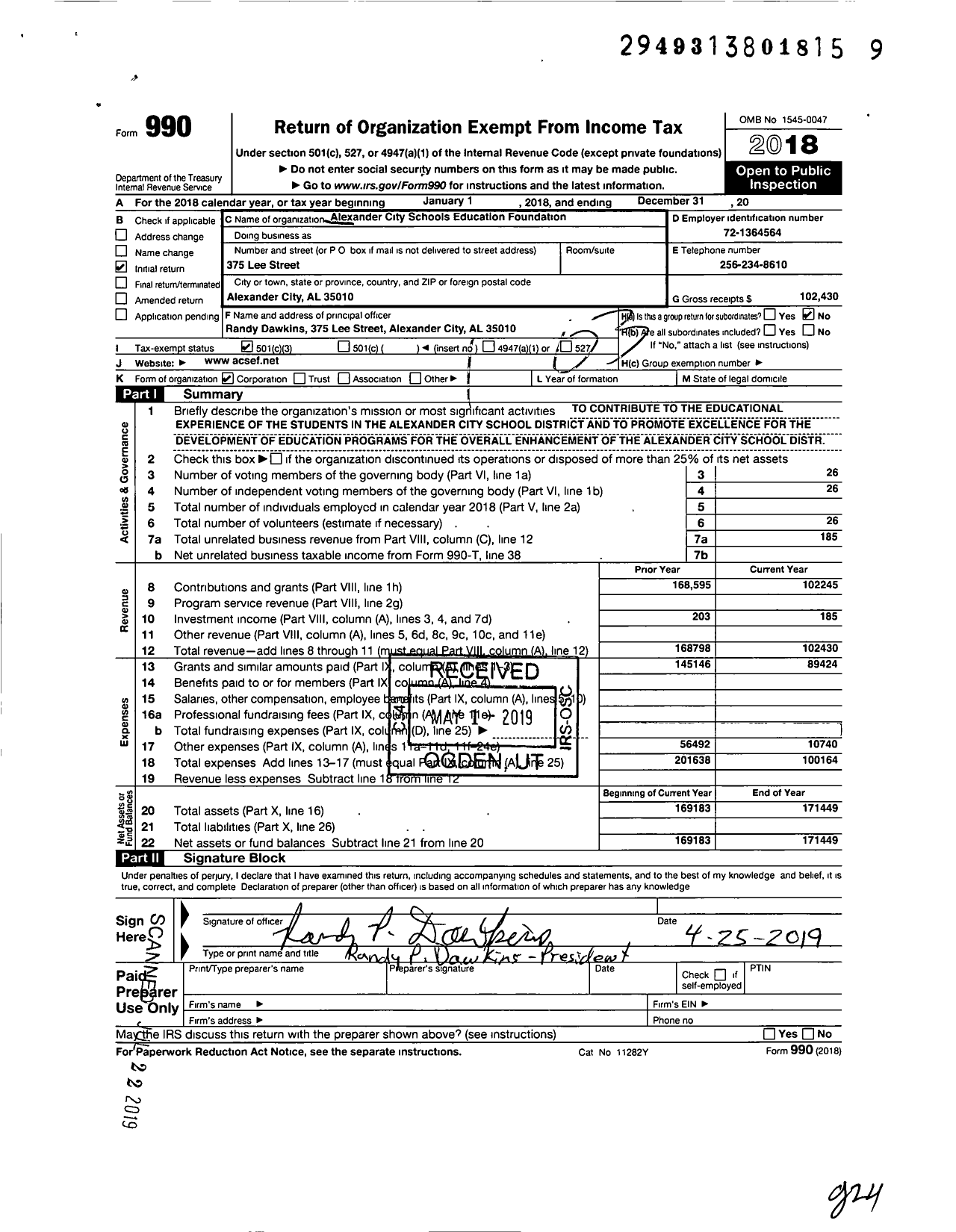 Image of first page of 2018 Form 990 for Alexander City Schools Education Foundation