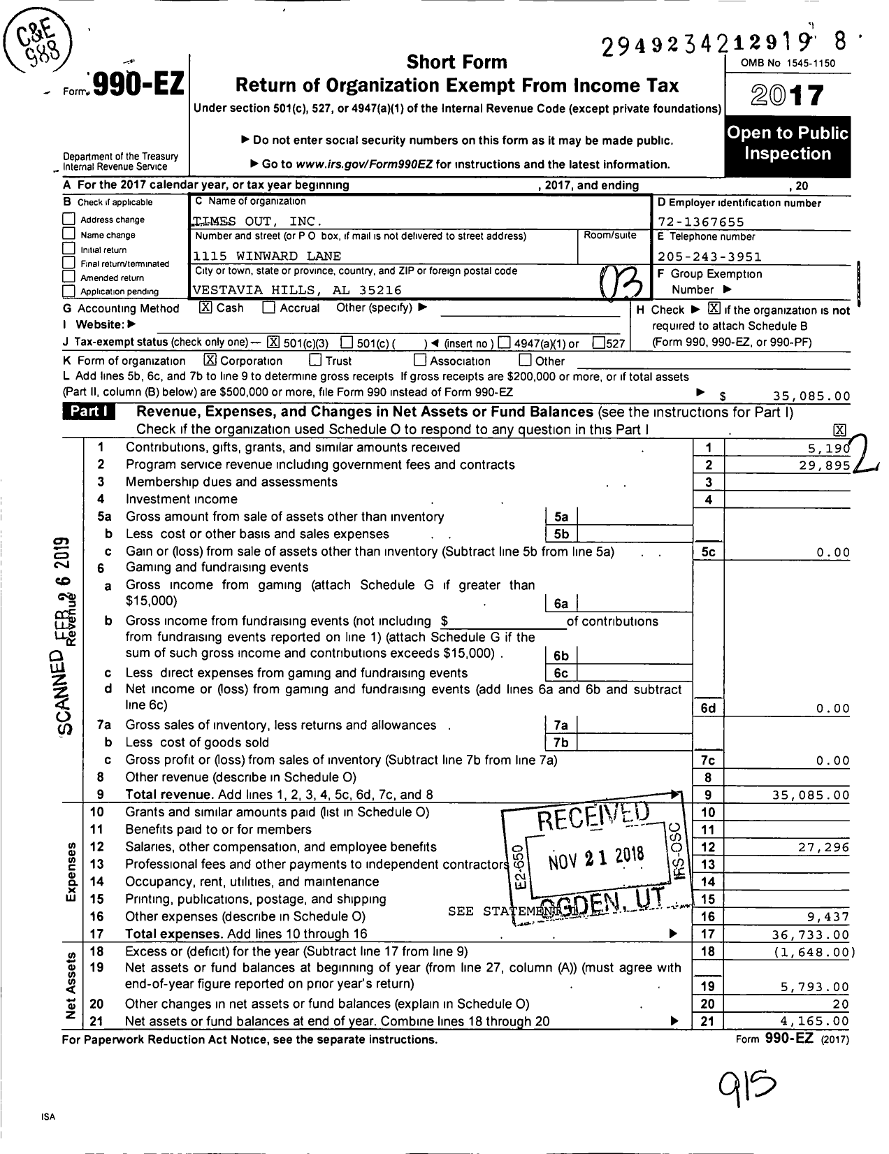 Image of first page of 2017 Form 990EZ for Times Out