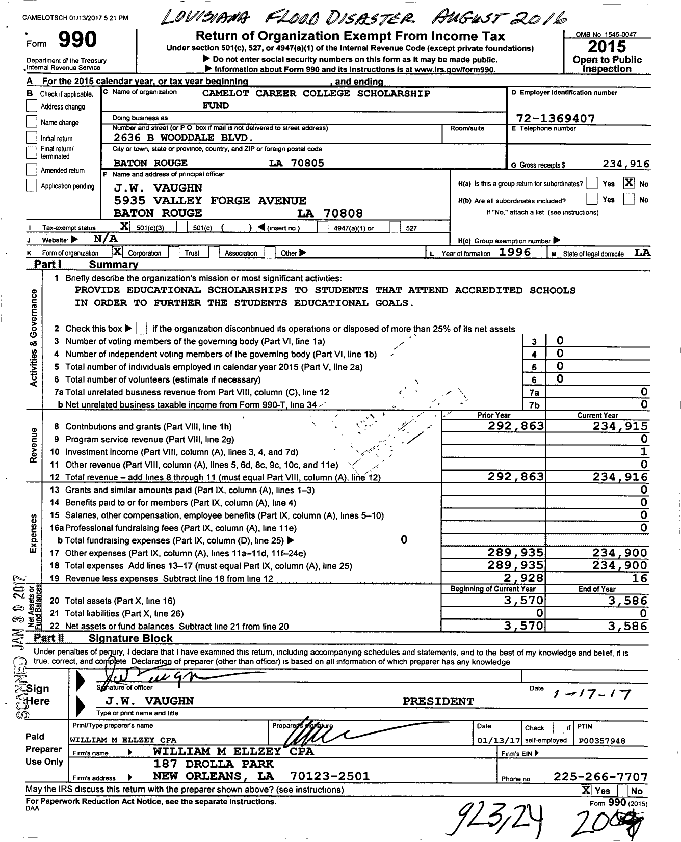 Image of first page of 2015 Form 990 for Camelot Career College Scholarship Fund