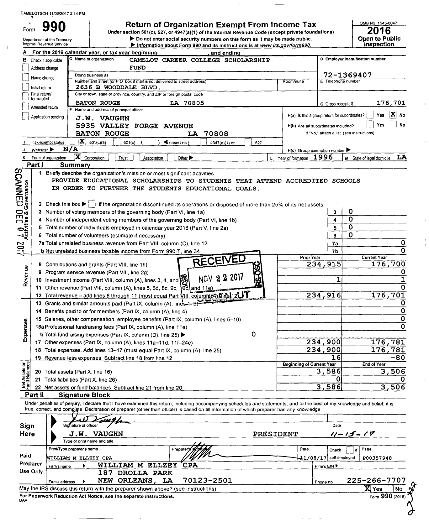 Image of first page of 2016 Form 990 for Camelot Career College Scholarship Fund