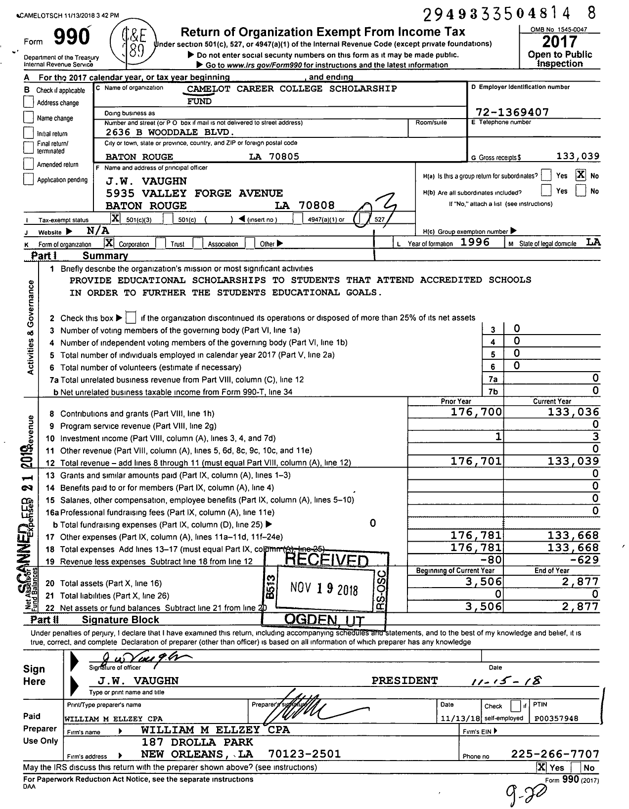 Image of first page of 2017 Form 990 for Camelot Career College Scholarship Fund