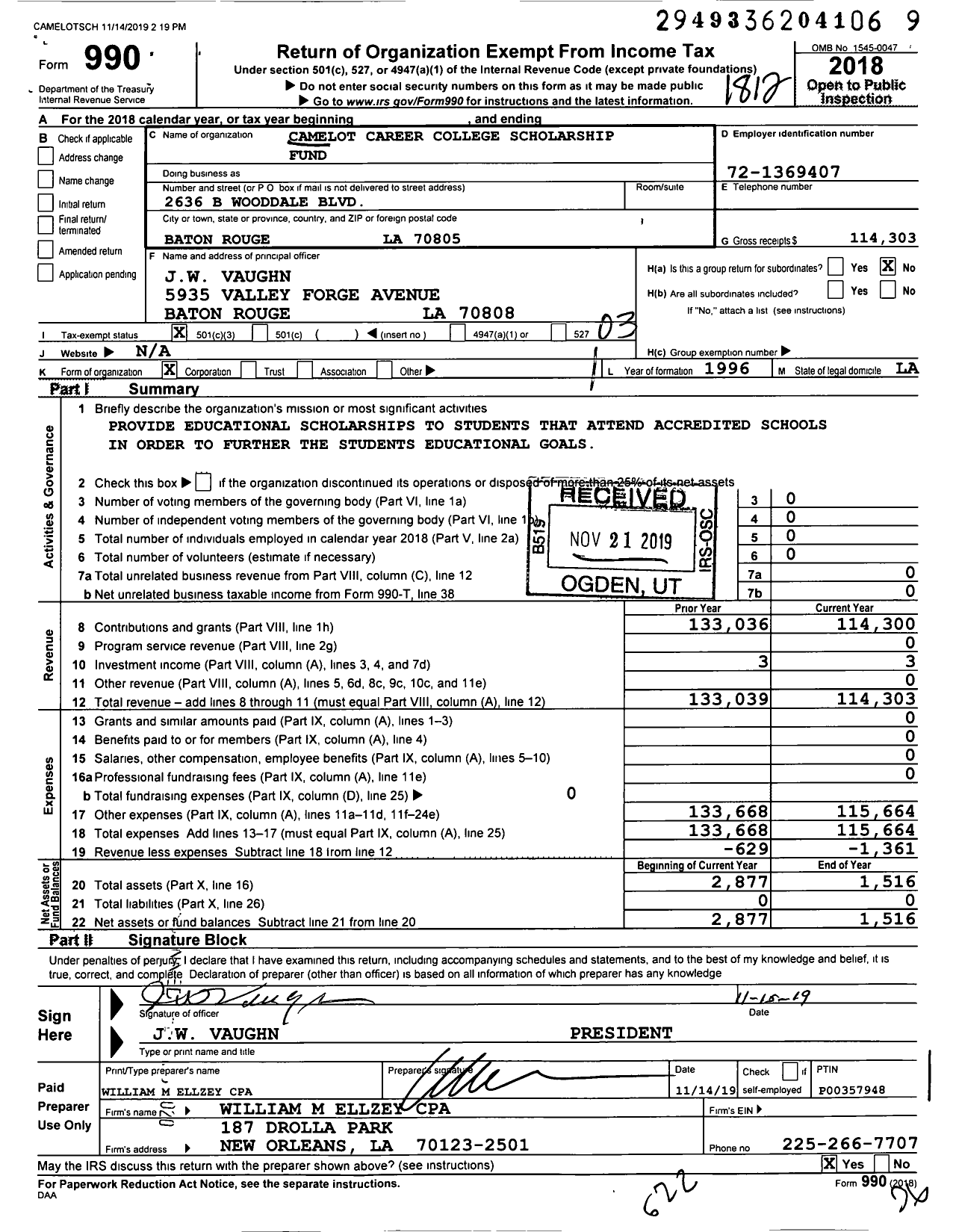 Image of first page of 2018 Form 990 for Camelot Career College Scholarship Fund