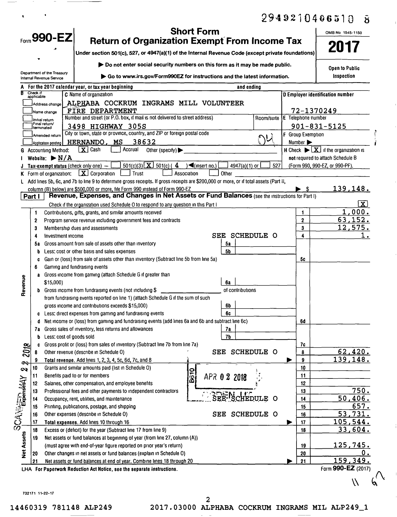 Image of first page of 2017 Form 990EO for Alphaba Cockrum Ingrams Mill Volunteer Fire Dept
