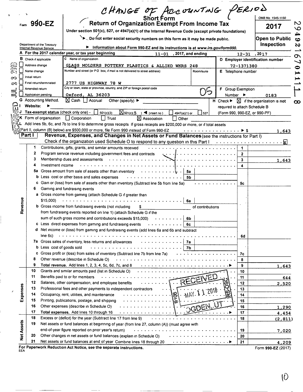 Image of first page of 2017 Form 990EO for United Steelworkers - 248 M Local