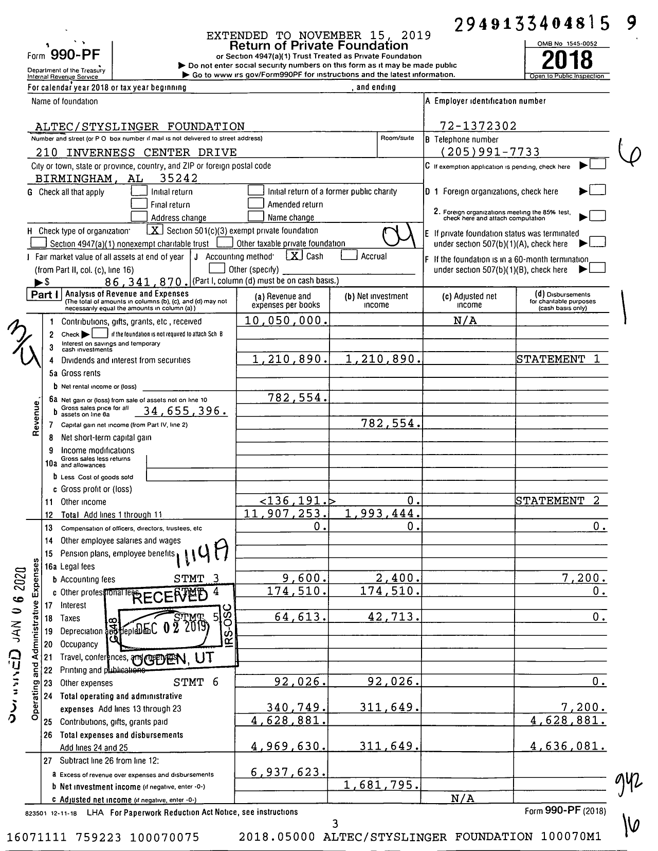 Image of first page of 2018 Form 990PF for Altecstyslinger Foundation