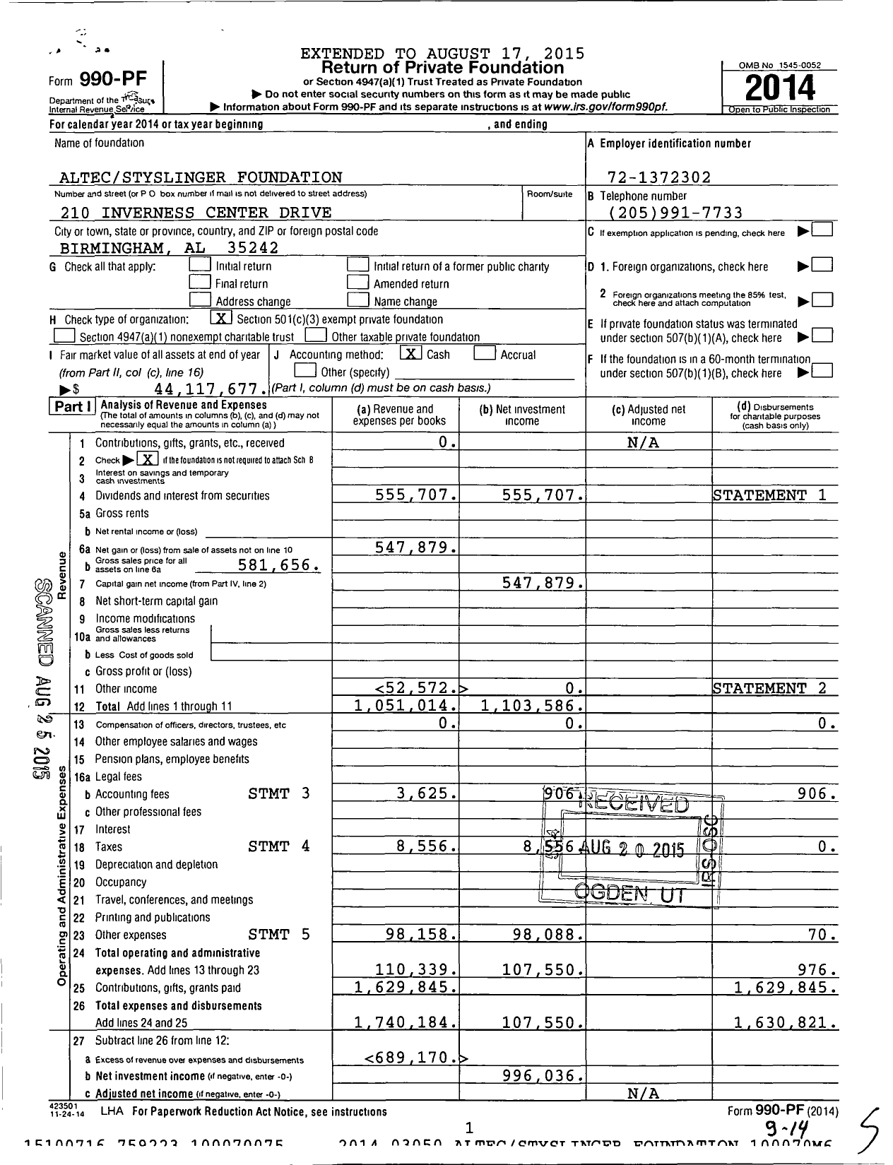 Image of first page of 2014 Form 990PF for Altecstyslinger Foundation