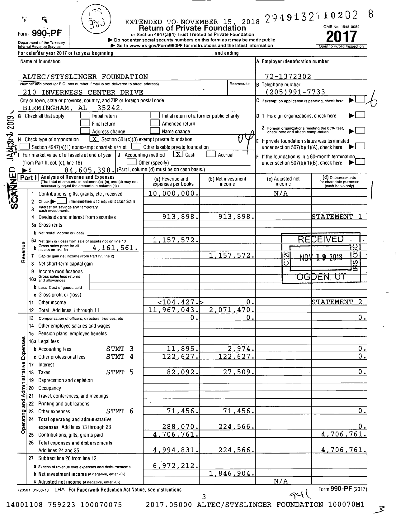 Image of first page of 2017 Form 990PF for Altecstyslinger Foundation