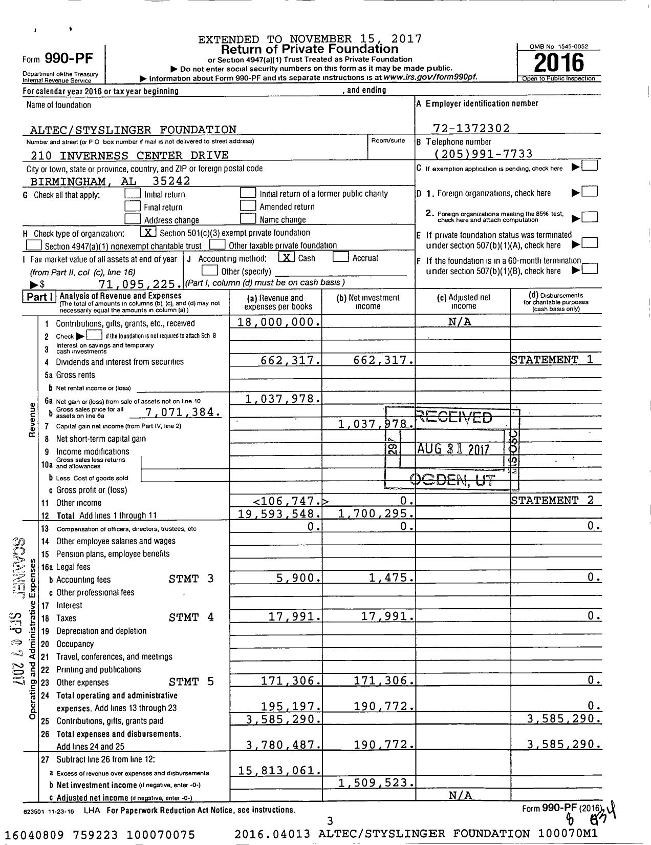 Image of first page of 2016 Form 990PF for Altecstyslinger Foundation