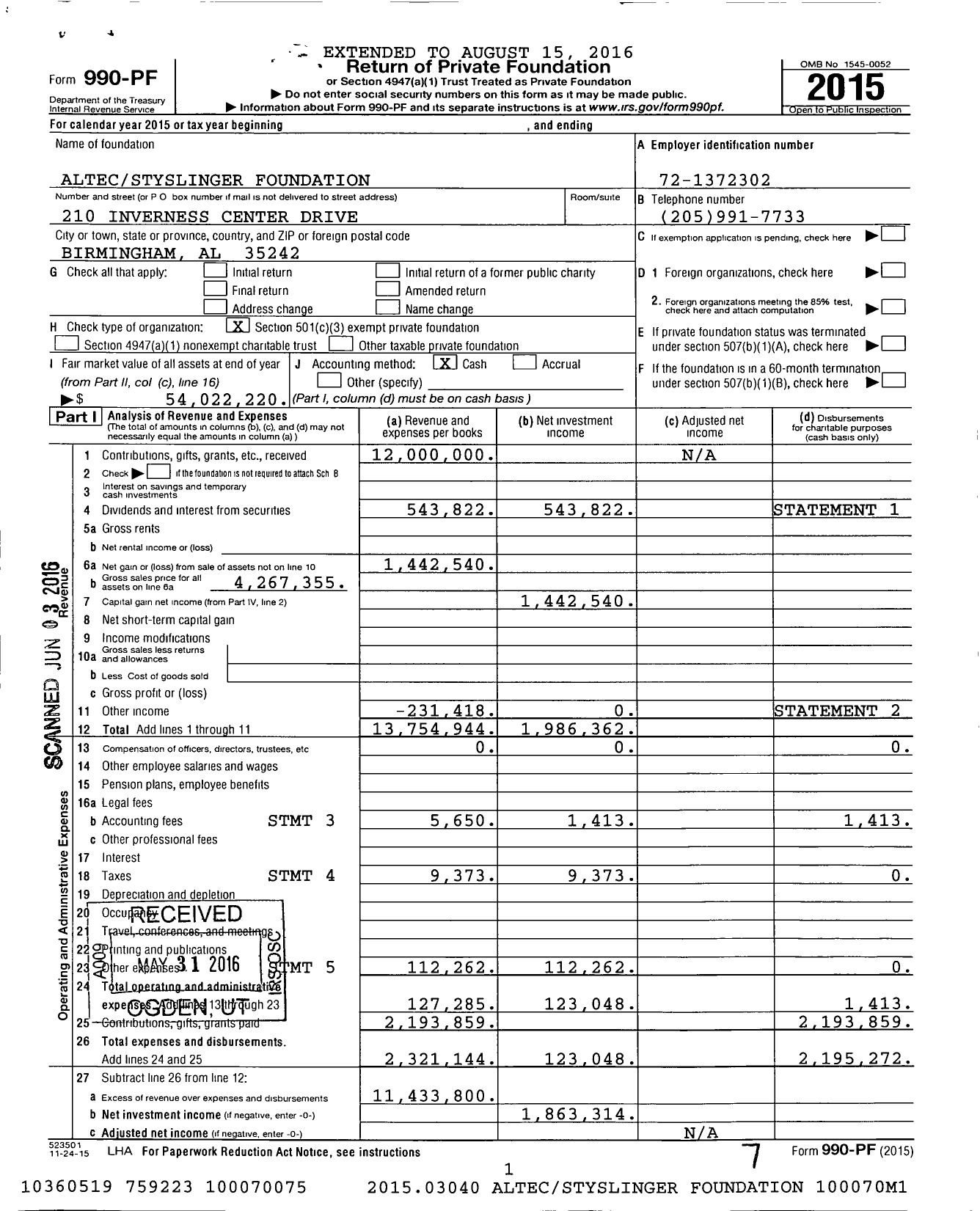 Image of first page of 2015 Form 990PF for Altecstyslinger Foundation