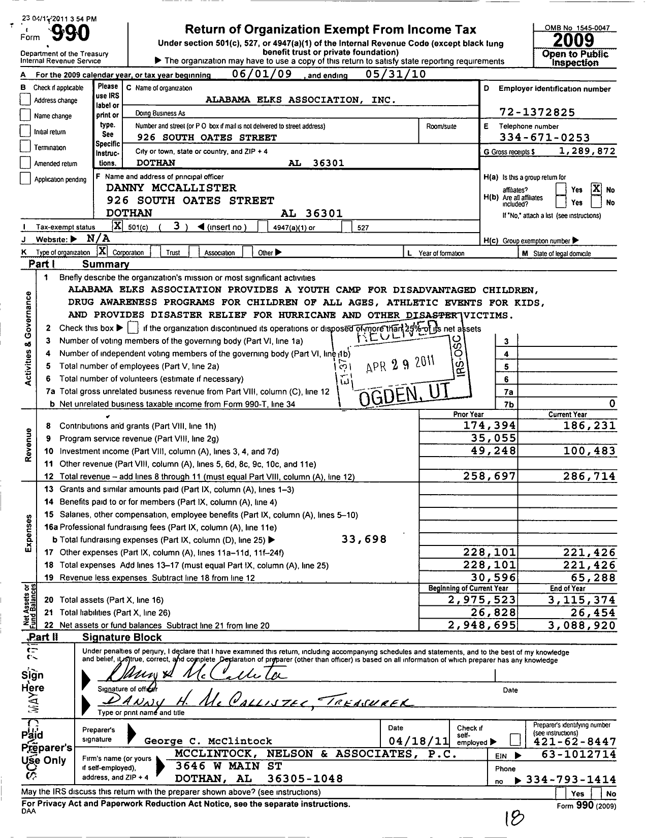 Image of first page of 2009 Form 990 for Alabama Elks Association