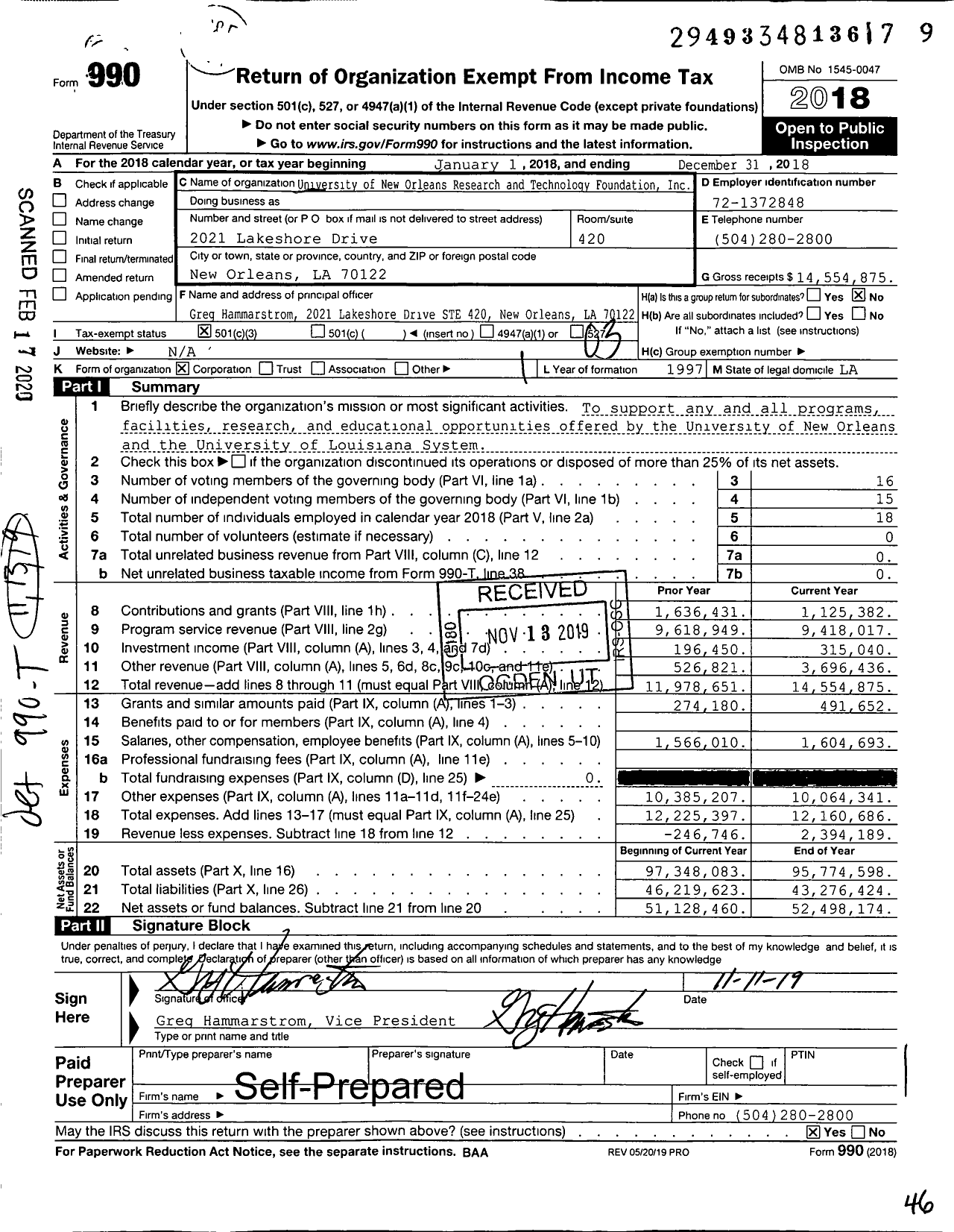 Image of first page of 2018 Form 990 for University of New Orleans Research and Technology Foundation