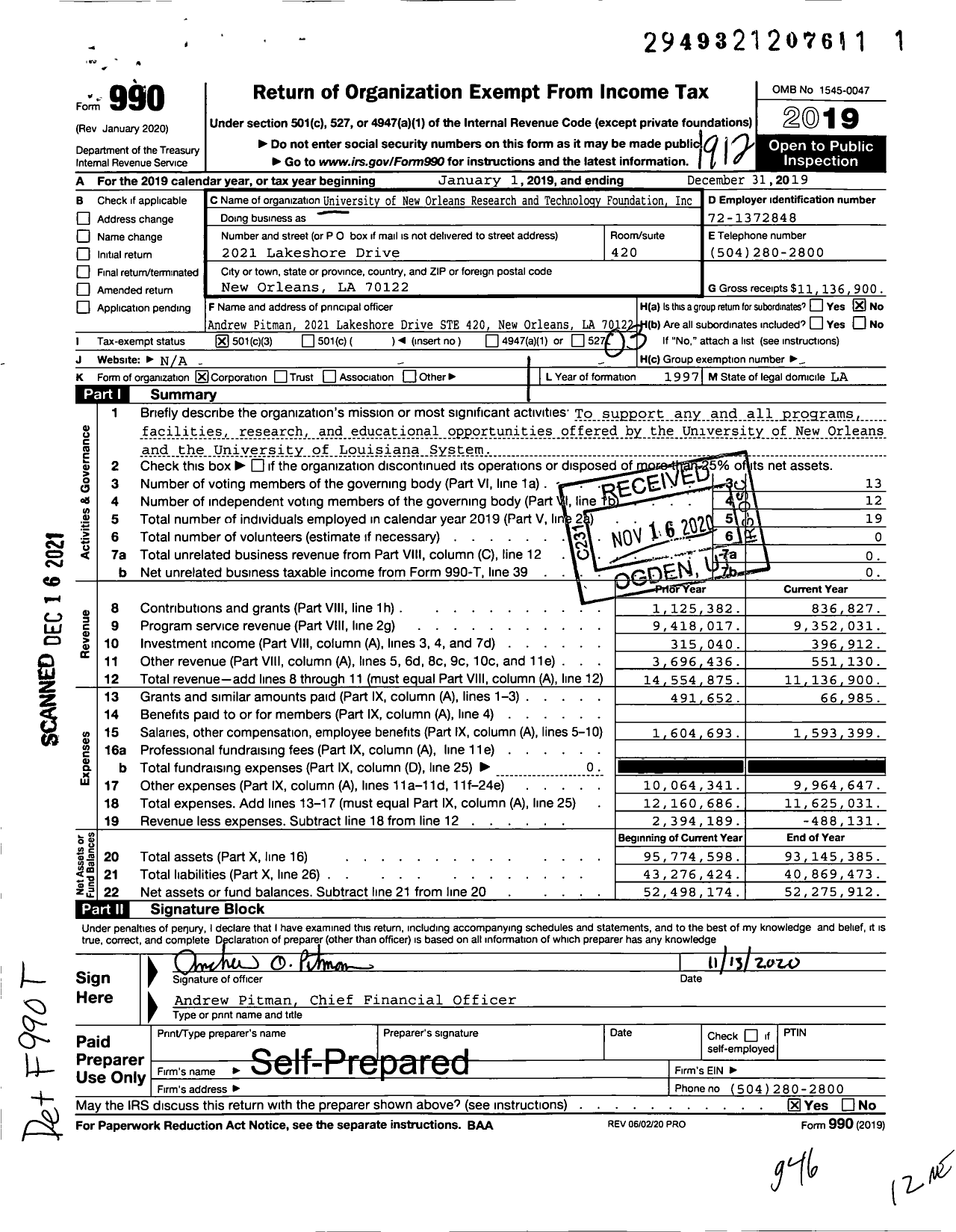 Image of first page of 2019 Form 990 for University of New Orleans Research and Technology Foundation