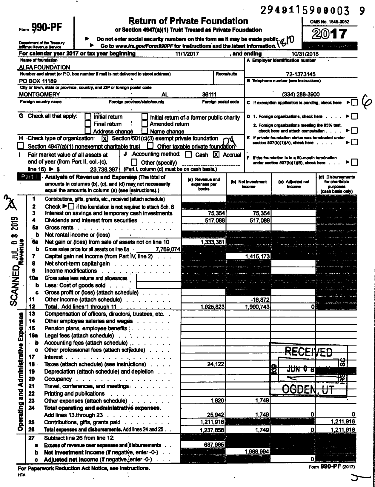Image of first page of 2017 Form 990PF for Alfa Foundation