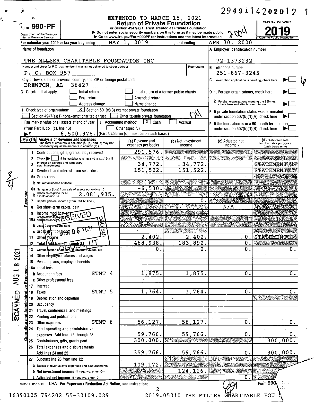 Image of first page of 2019 Form 990PF for The Miller Charitable Foundation