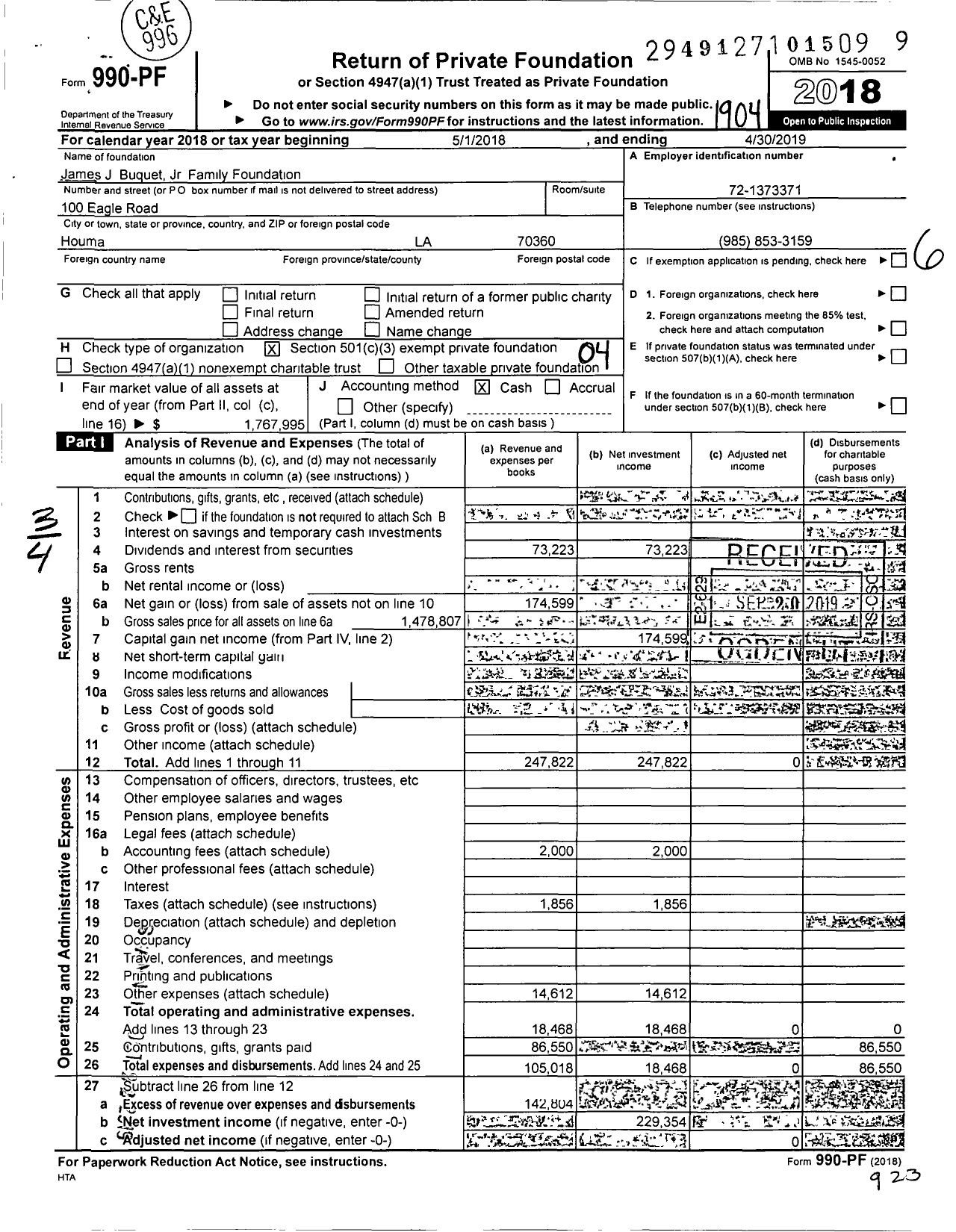 Image of first page of 2018 Form 990PF for James J Buquet Jr Family Foundation