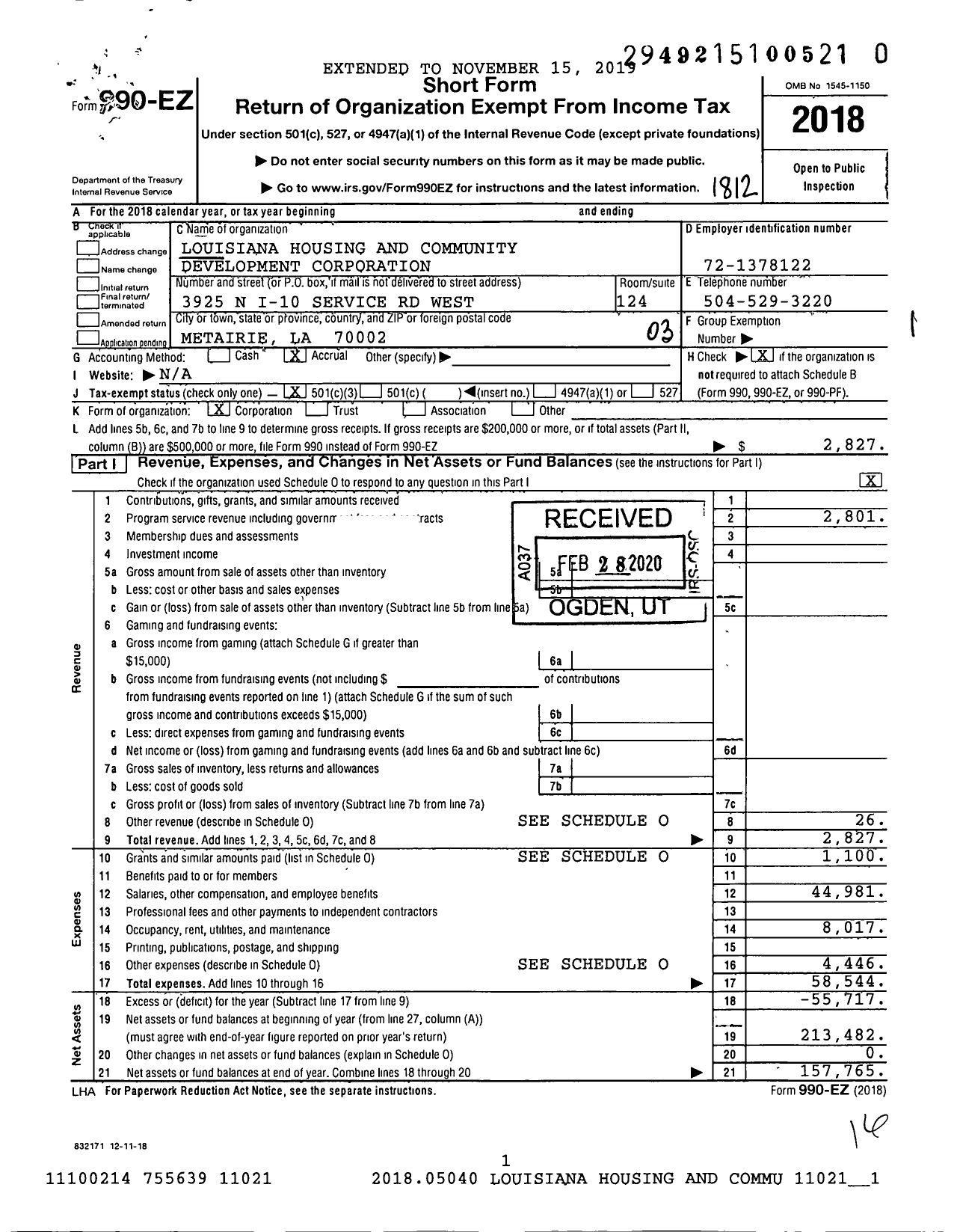 Image of first page of 2018 Form 990EZ for Louisiana Housing and Community Development Corporation