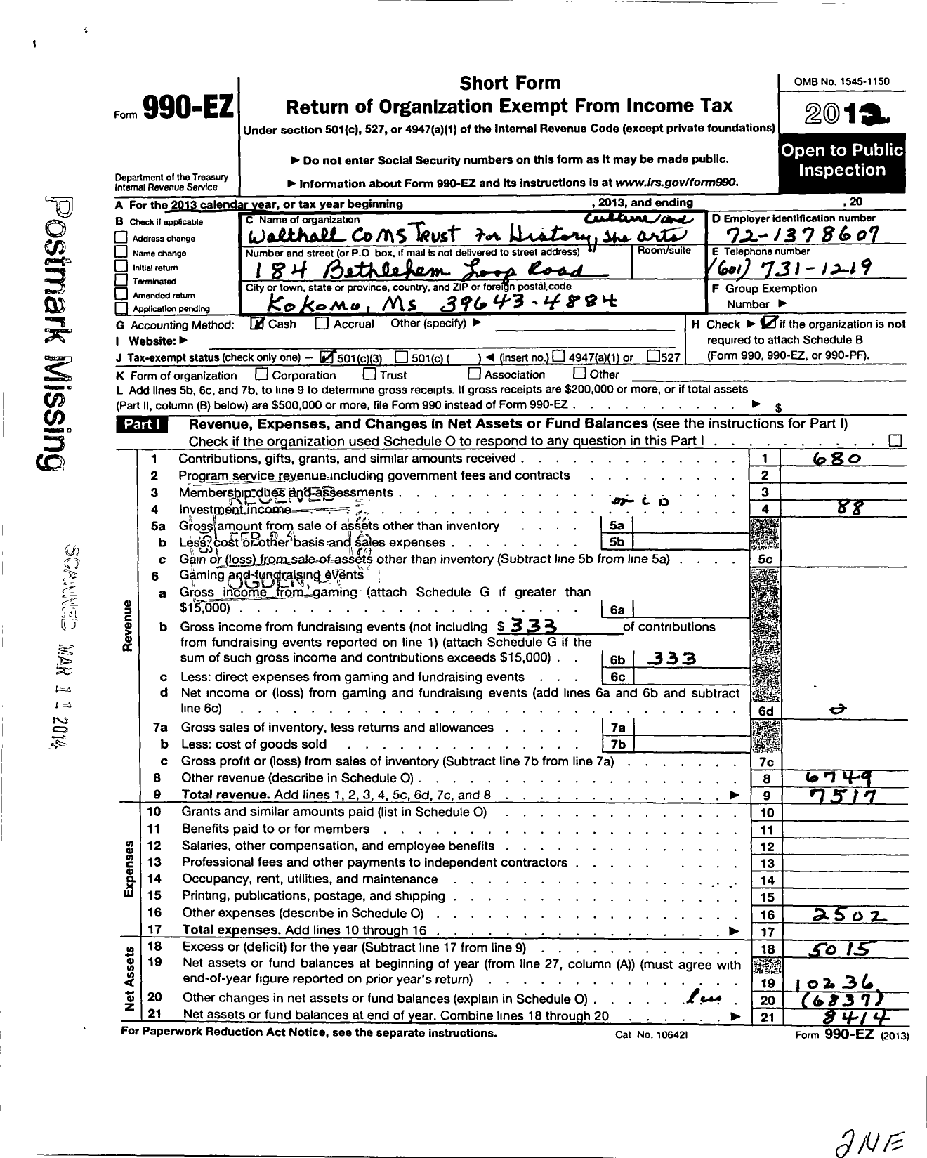 Image of first page of 2012 Form 990EZ for Walthall County Mississippi TR for Preservation of Hist Culture and Art